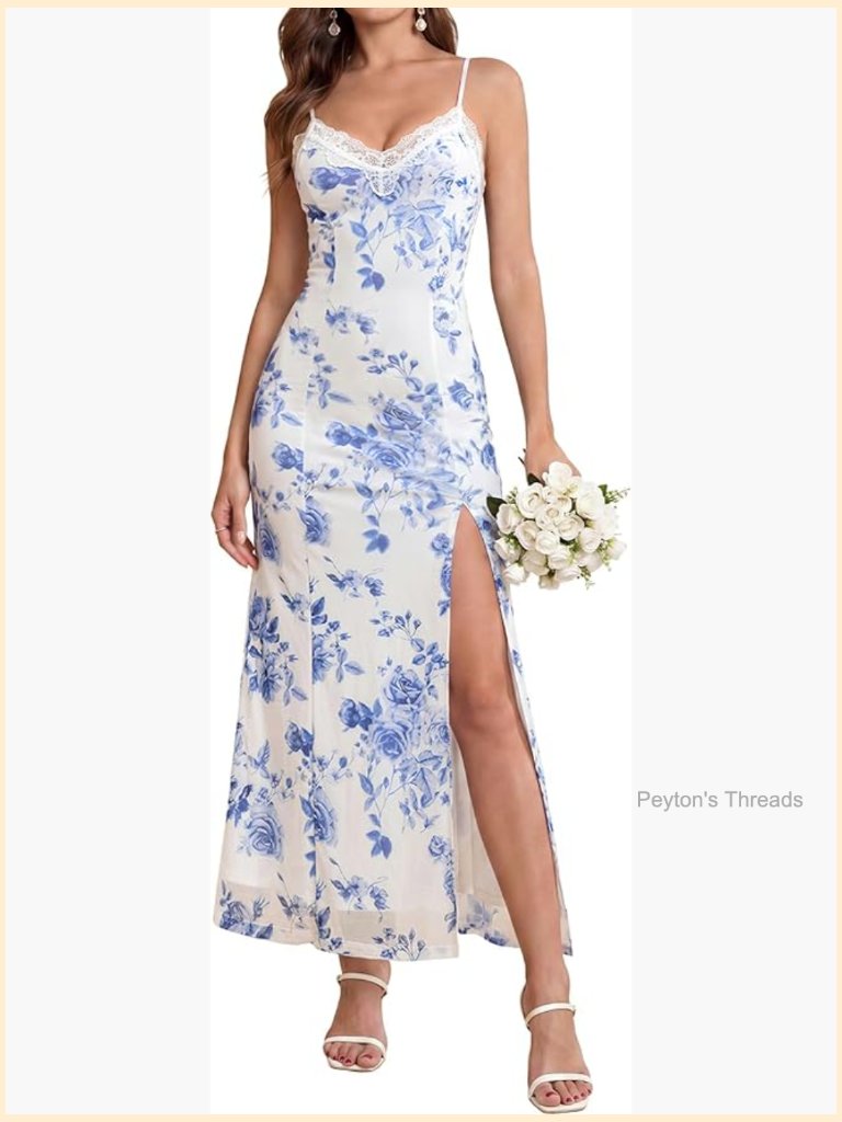 Floral Bodycon Maxi Dress Long Slit Spaghetti Strap Lace V Neck Cocktail